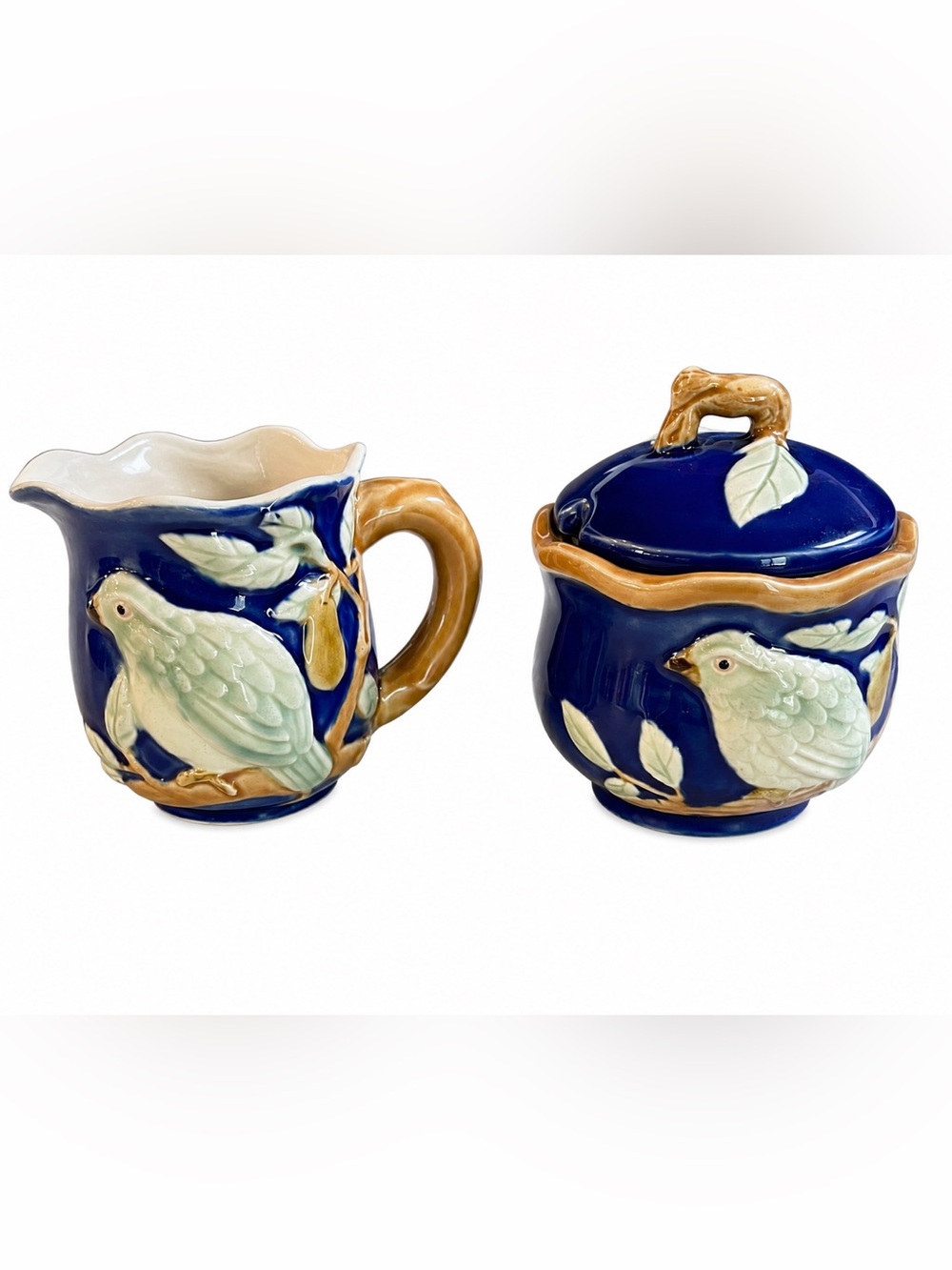 Henricksen Imports Majolica Partridge in a Pear Tree Creamer Sugar Bowl 1994 set